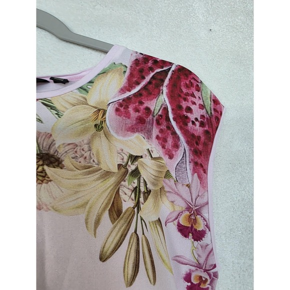 Ted Baker Blouse Womens 1 Pink Floral Cap Sleeve Jersey Top Portugal Lightweight - Picture 3 of 13